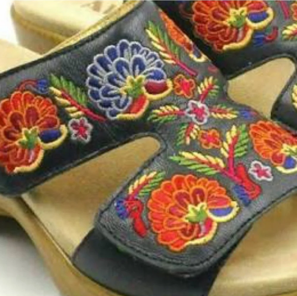 Alegria Lin Embroidered Leather Clog Sandal With Velcro Straps